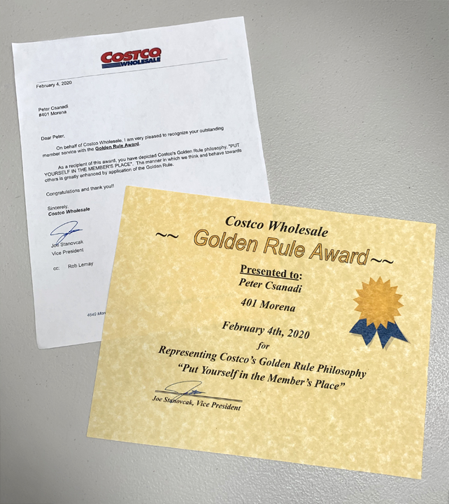 Golden Rule Award and Letter